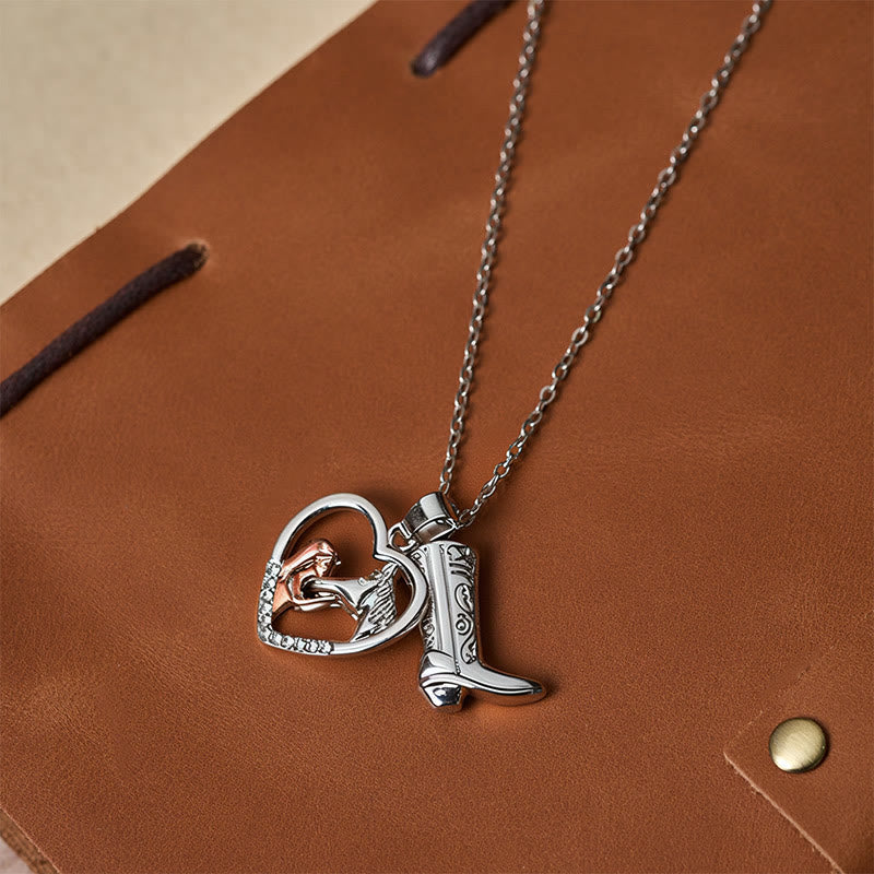 Western Style Silver Heart-shaped Horse Head & Boot Necklace - image 1