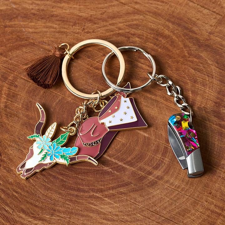 Western Flower Bullhead Multi Element Pendant Folding Knife Keychain - image 2