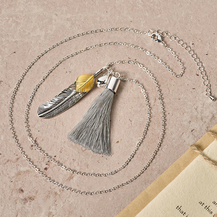 Vintage Bohemian Style Silver Feather Tassel Necklace - image 3