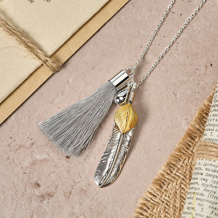 Vintage Bohemian Style Silver Feather Tassel Necklace - image 2
