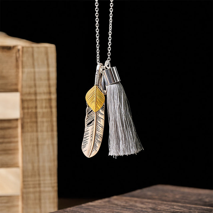 Vintage Bohemian Style Silver Feather Tassel Necklace - image 1