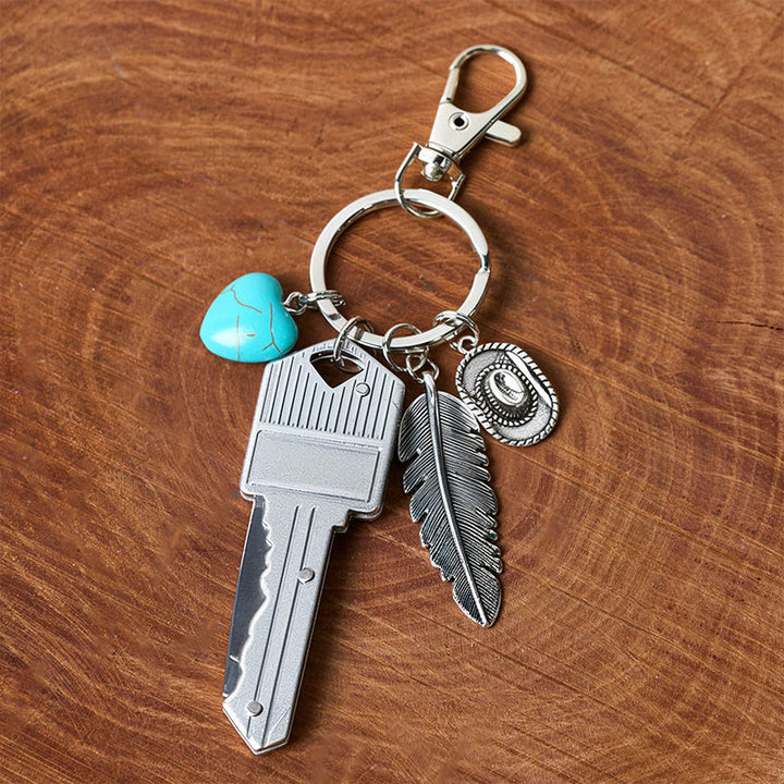 Western Feather Turquoise Pendant Silver Folding Knife Keychain - image 6