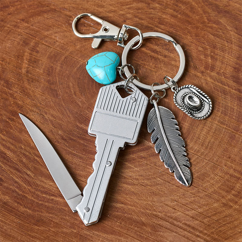 Western Feather Turquoise Pendant Silver Folding Knife Keychain - image 5