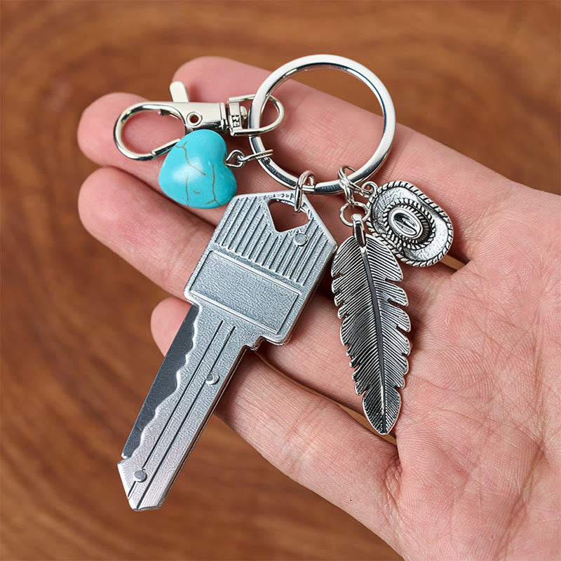 Western Feather Turquoise Pendant Silver Folding Knife Keychain - image 4
