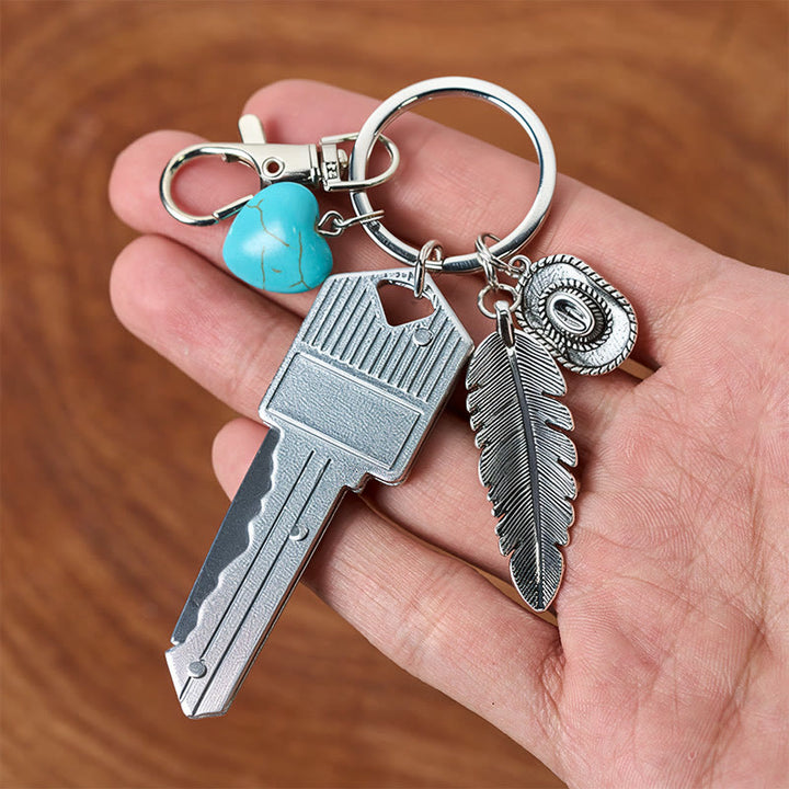 Western Feather Turquoise Pendant Silver Folding Knife Keychain - image 4