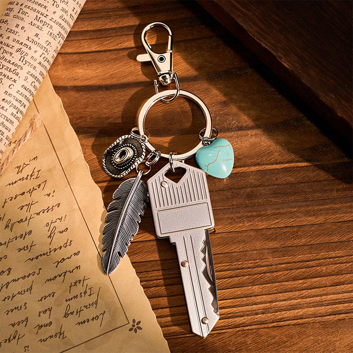 Western Feather Turquoise Pendant Silver Folding Knife Keychain - Silver - image 0