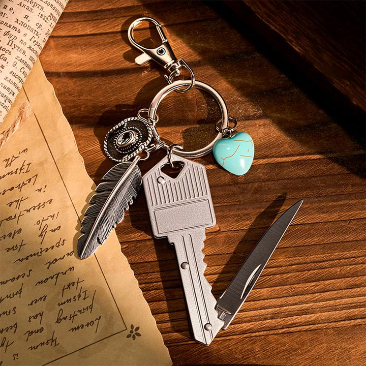 Western Feather Turquoise Pendant Silver Folding Knife Keychain - image 1