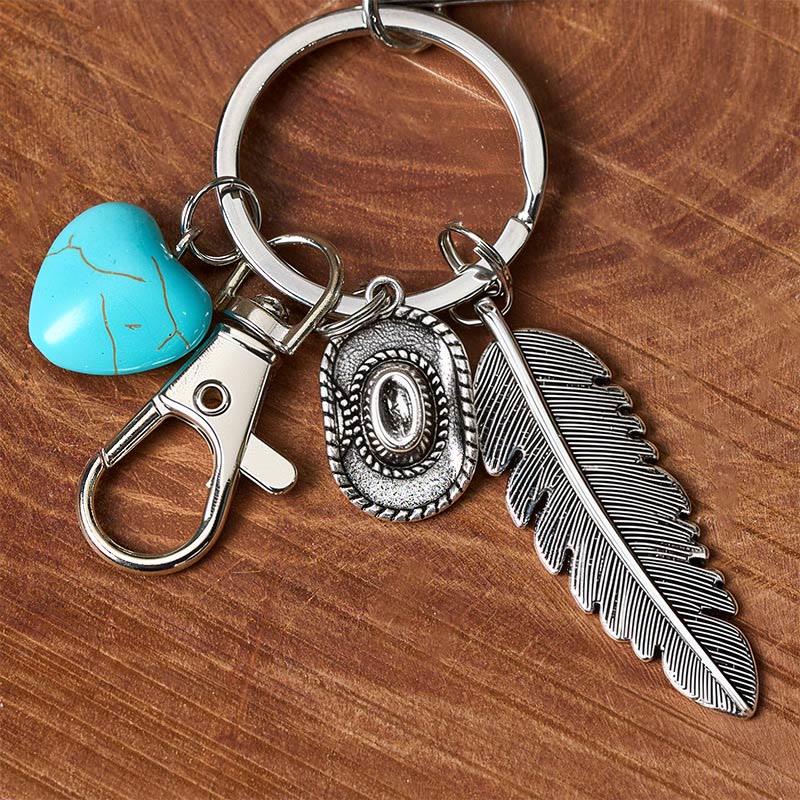 Western Feather Turquoise Pendant Silver Folding Knife Keychain - image 3