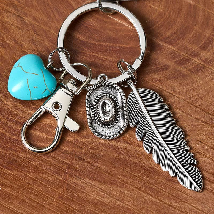 Western Feather Turquoise Pendant Silver Folding Knife Keychain - image 3