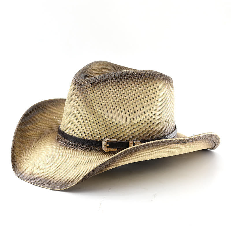 Retro Gradient Straw Belted Wide Brim Cowboy Hat - Beige - M (22"-22 7/8") - image 3