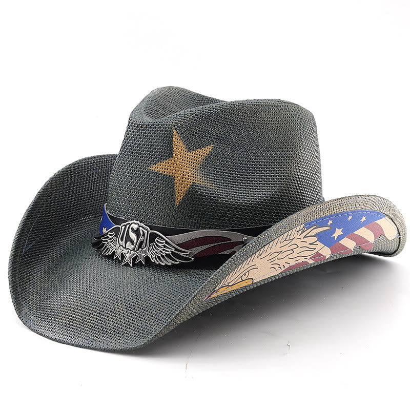 Men's USA Eagle Emblem Straw Western Cowboy Hat - Army Green - M (22"-22 7/8") - image 6