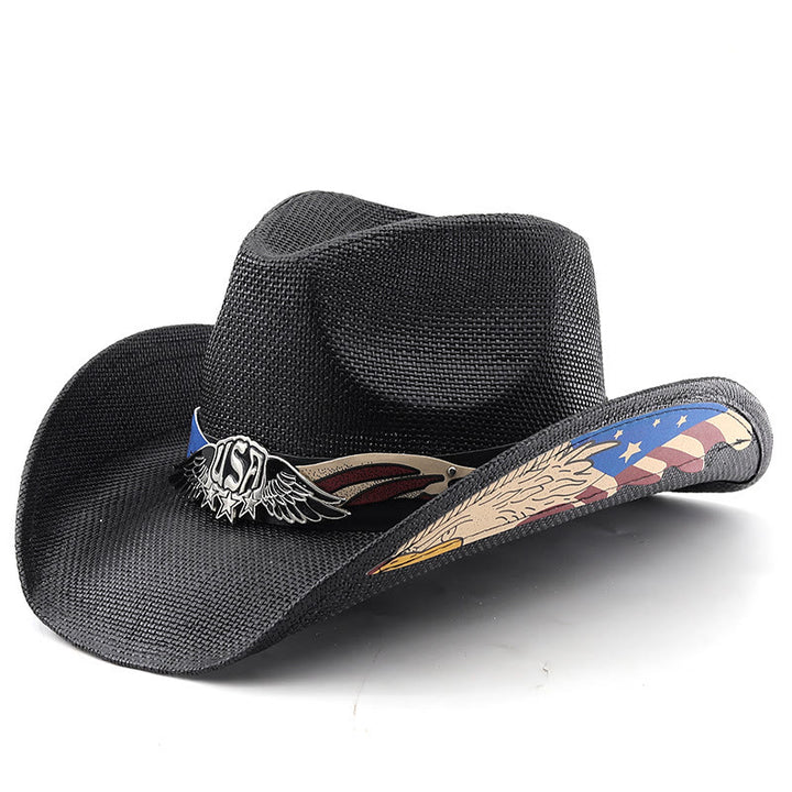 Men's USA Eagle Emblem Straw Western Cowboy Hat - Black - M (22"-22 7/8") - image 7