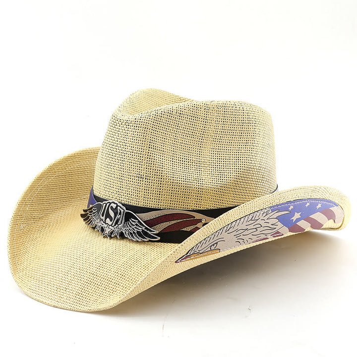 Men's USA Eagle Emblem Straw Western Cowboy Hat - Beige - M (22"-22 7/8") - image 4