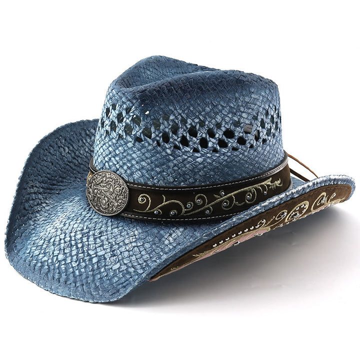 Curved Brim Straw Western Cowboy Sun Hat - Blue - M (22"-22 7/8") - image 9