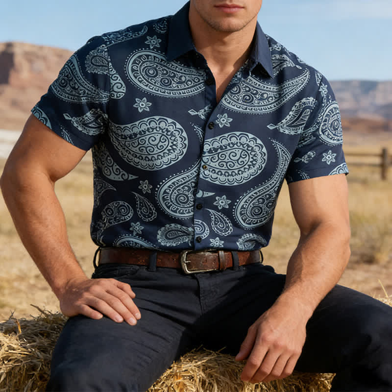 Men's Western Paisley Camp Collar Short Sleeve Shirt - Navy - 5XL - image 0
