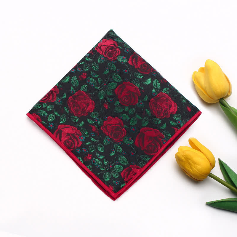 Men's Green Leaves & Red Rose Print Bow Tie Necktie - Pocket Square - image 8