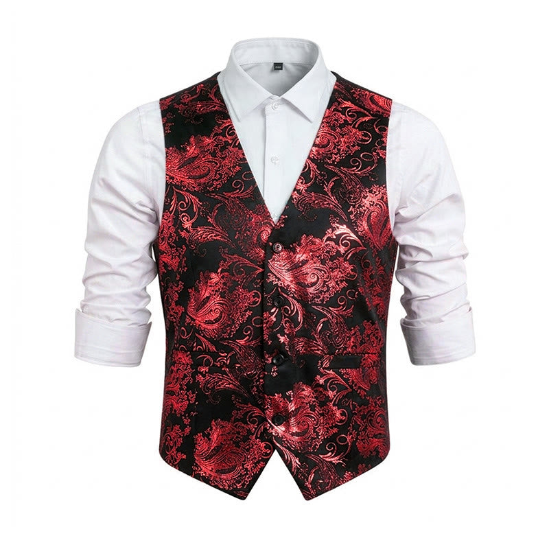 Men's Retro Paisley Jacquard Pattern Slim Fit Vest - Red - 6XL - image 17