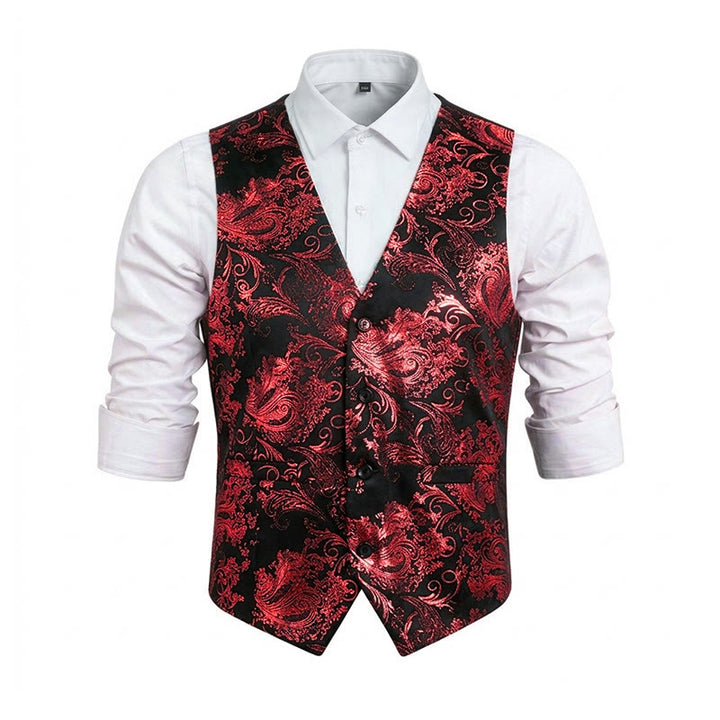 Men's Retro Paisley Jacquard Pattern Slim Fit Vest - Red - 6XL - image 17