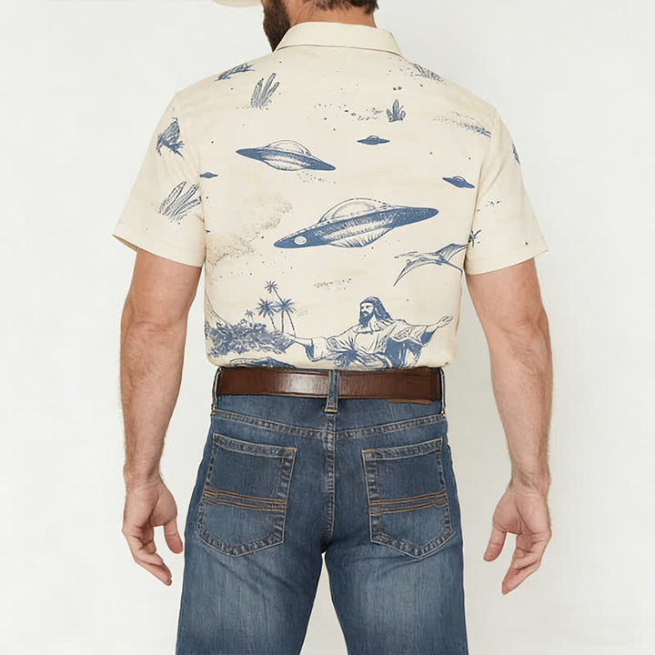 Men's Surreal Dinosaur Riding & UFO Desert Sketch Print Western Shirt - image 2