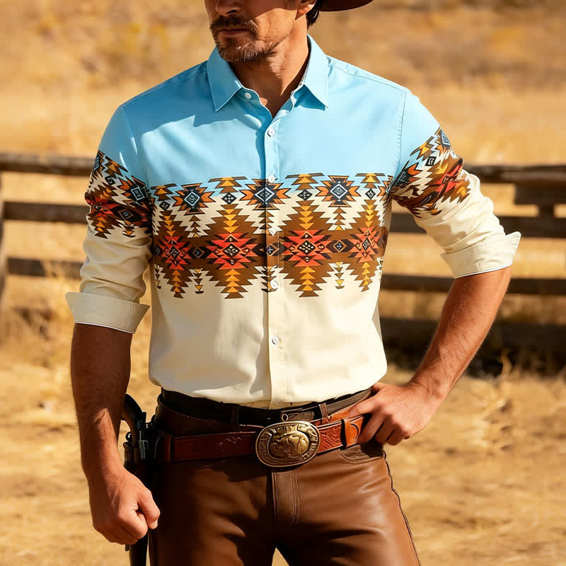 Men's Color Block Southwestern Aztec Print Western Shirt - Blue & Khaki - 3XL - image 0
