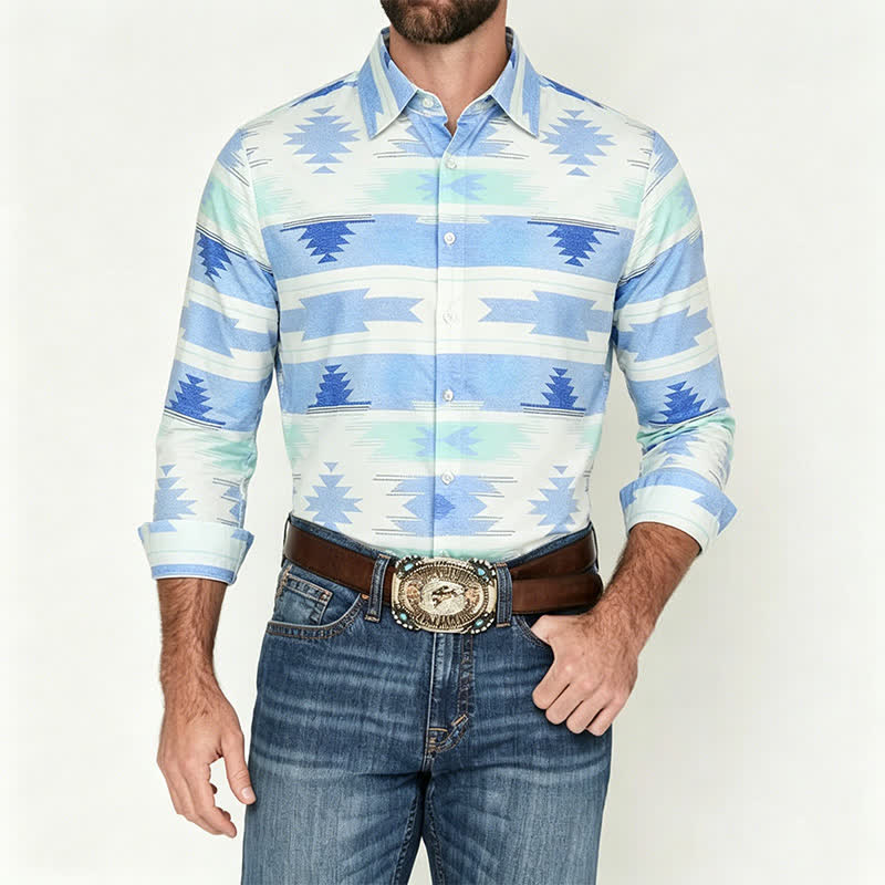Men's Light Blue Aztec Geometric Print Western Shirt - image 1