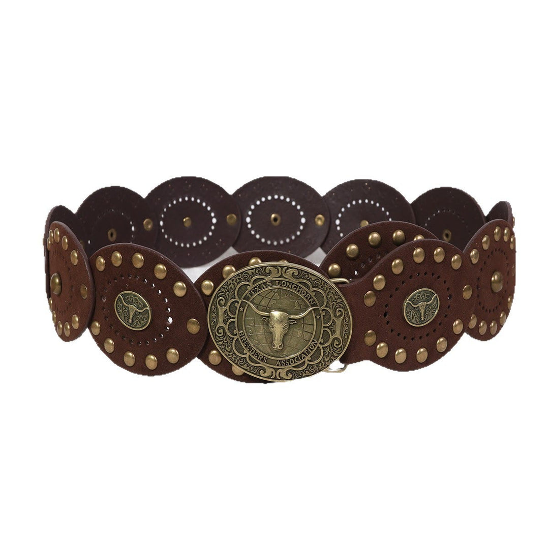 Retro Bull Head Patchwork Disc Casual Daily Wear Belt - Coffee - 36 - image 0