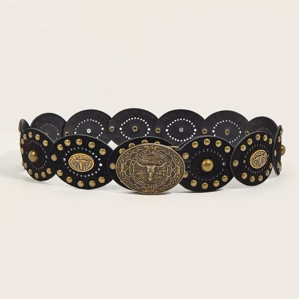 Retro Bull Head Patchwork Disc Casual Daily Wear Belt - Black - 36 - image 1