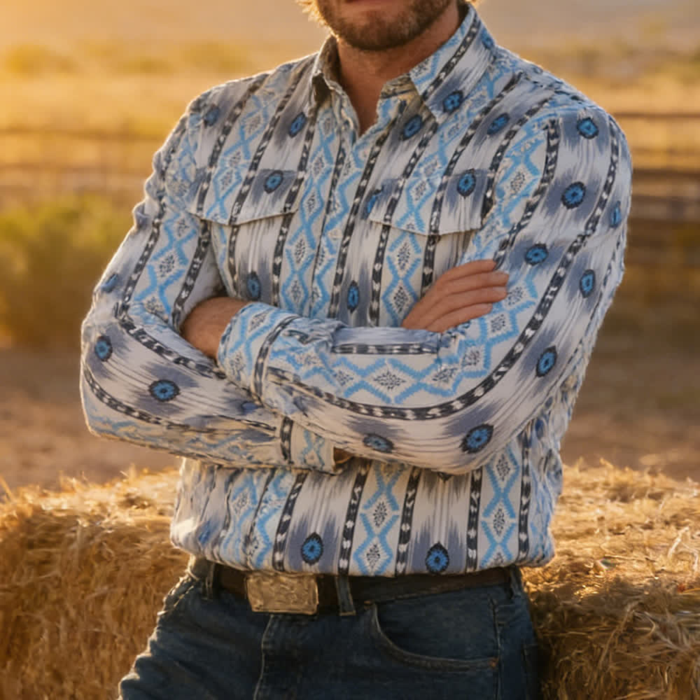 Men's Blue & Grey Aztec Pattern 3D Printed Western Shirt - Blue & Grey - 5XL - image 0