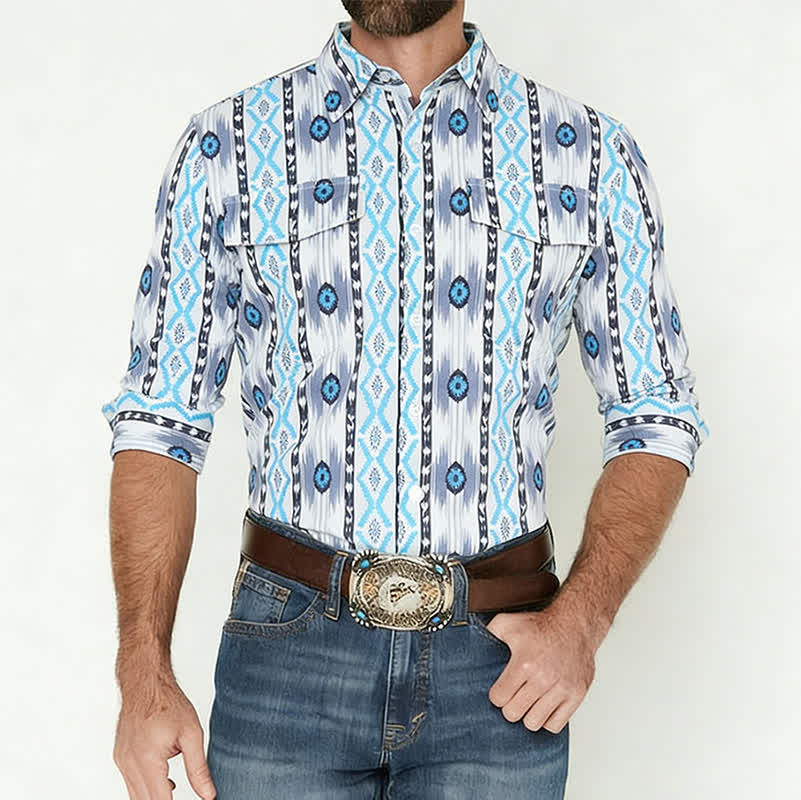 Men's Blue & Grey Aztec Pattern 3D Printed Western Shirt - image 1