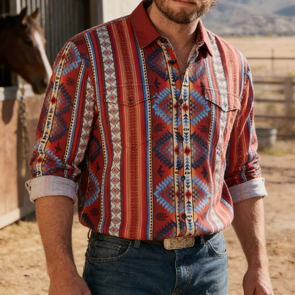 Men's Orange Southwestern Tribal 3D Printed Western Shirt - Orange - 5XL - image 0