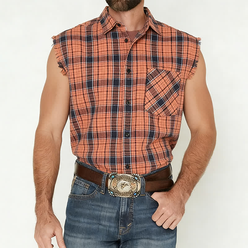 Men's Orange & Black Plaid Pattern Sleeveless Shirt Vest - image 1