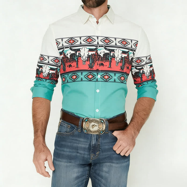 Men's Longhorn Bull Desert Scene 3D Printed Color-Block Shirt - image 1