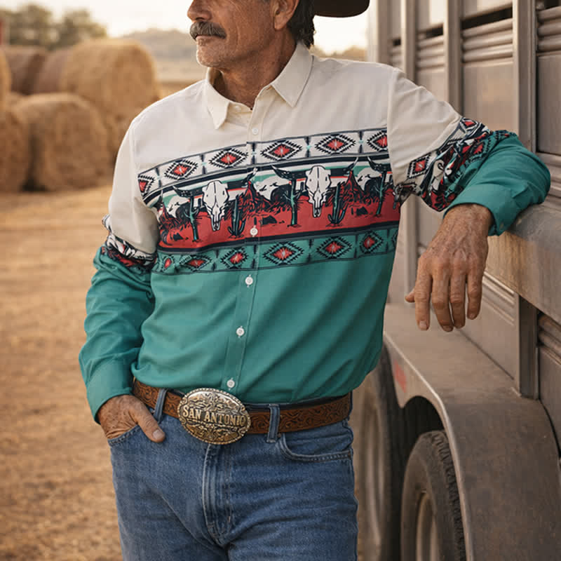 Men's Longhorn Bull Desert Scene 3D Printed Color-Block Shirt - Turquoise - 6XL - image 0