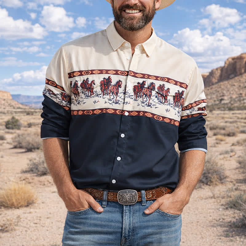 Men's Color-Block Horse Printed Color-Block Shirt - Ivory & Black - 5XL - image 0