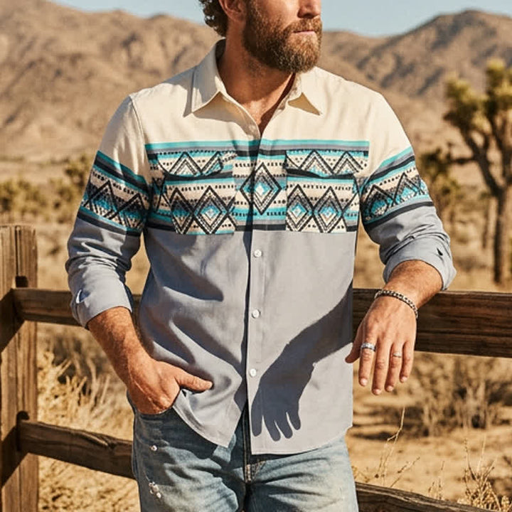 Men's Color-Block Aztec Stripe Southwestern Printed Shirt - Ivory & Gray - 3XL - image 0