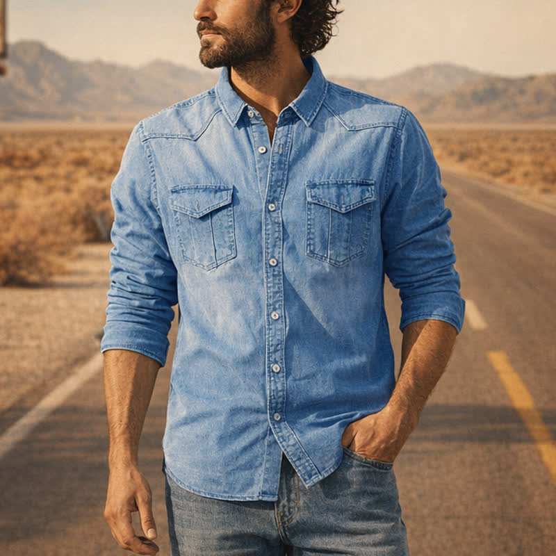 Men's Western Style Causal Denim Shirt With Chest Pockets - Light Blue - 3XL - image 0