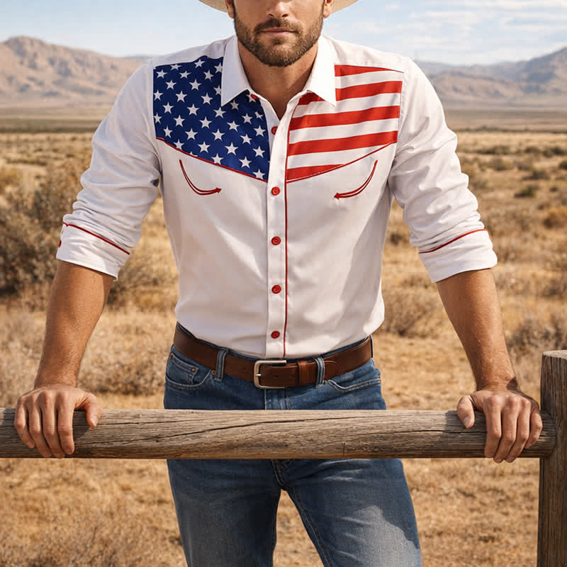 Men's Western USA Flag Pattern Yoke Button-Down Shirt - White - 5XL - image 0