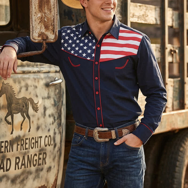 Men's Western USA Flag Pattern Yoke Button-Down Shirt - Navy - 5XL - image 5
