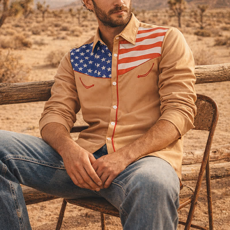 Men's Western USA Flag Pattern Yoke Button-Down Shirt - Khaki - 5XL - image 4