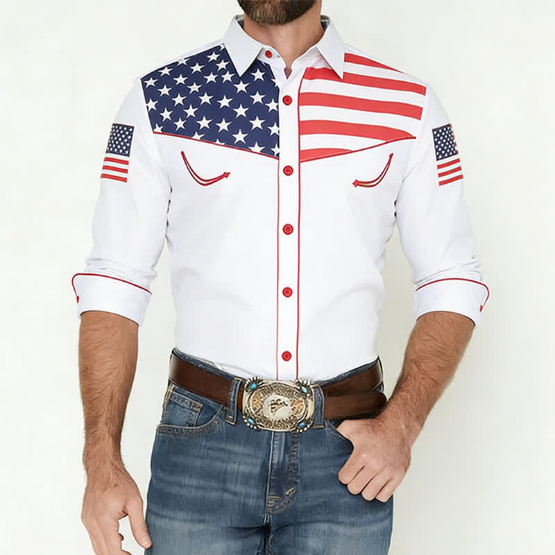 Men's Western USA Flag Pattern Yoke Button-Down Shirt - image 1