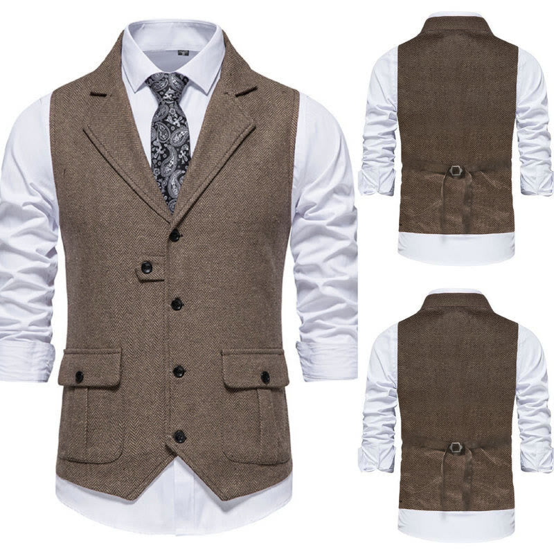 Men's Formal Lapel Collar Flap Pocket Dress Waistcoat - Coffee & Consistent Front and Back - 2XL - image 5