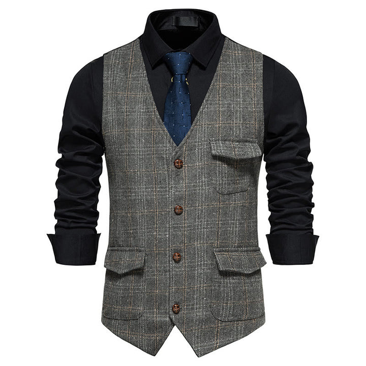 Men's Vintage Plaid Lapel Button Down Vest - Grey - 2XL - image 4
