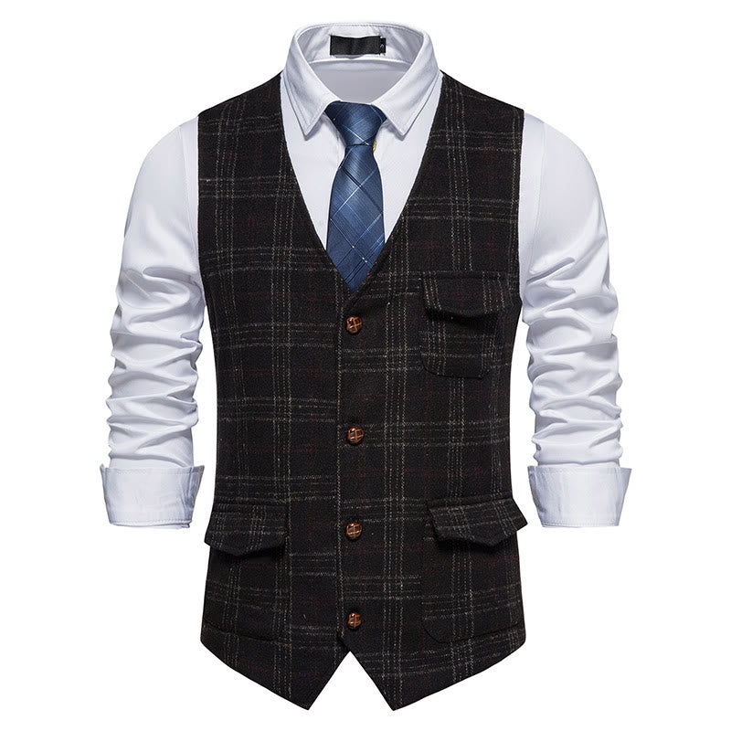 Men's Vintage Plaid Lapel Button Down Vest - Black - 2XL - image 7