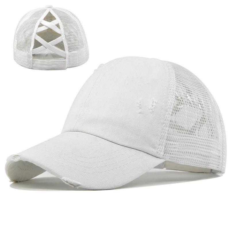 Criss Cross Distressed Mesh Washed Cotton Baseball Cap - White - Adjustable (About 21 5/8"-22 7/8") - image 13