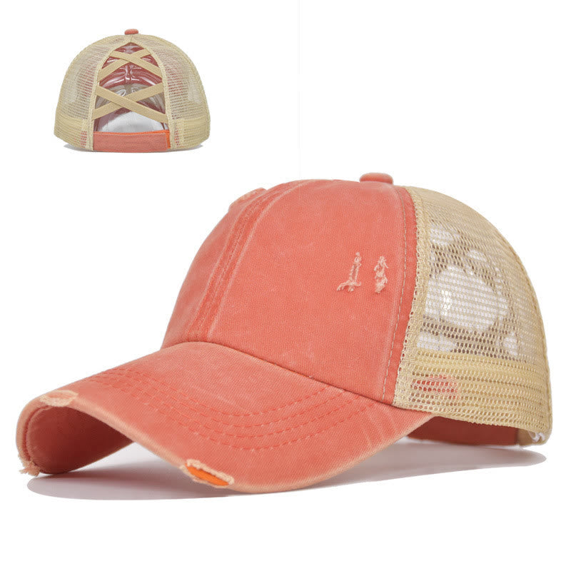Criss Cross Distressed Mesh Washed Cotton Baseball Cap - Orange - Adjustable (About 21 5/8"-22 7/8") - image 3