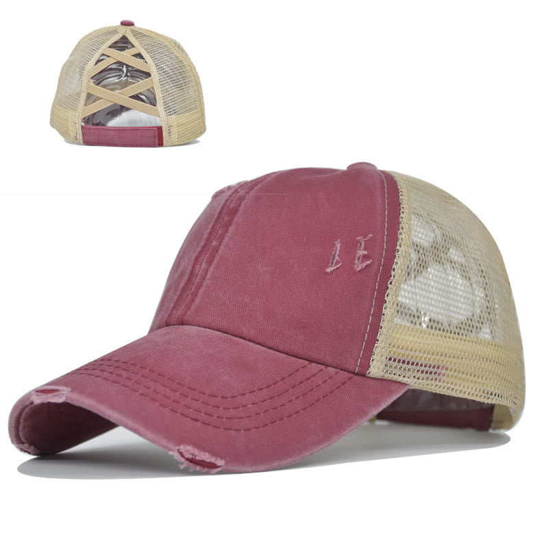Criss Cross Distressed Mesh Washed Cotton Baseball Cap - Wine - Adjustable (About 21 5/8"-22 7/8") - image 2