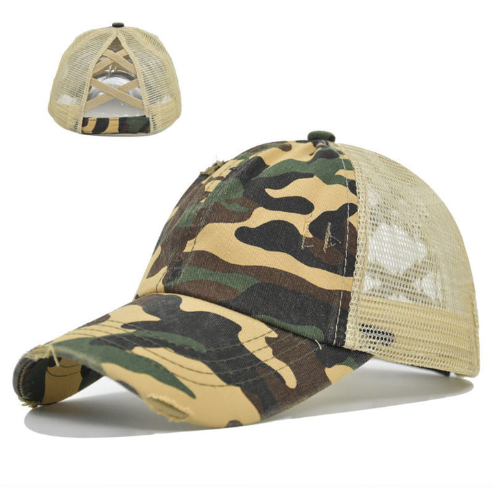 Criss Cross Distressed Mesh Washed Cotton Baseball Cap - Camouflage - Adjustable (About 21 5/8"-22 7/8") - image 10