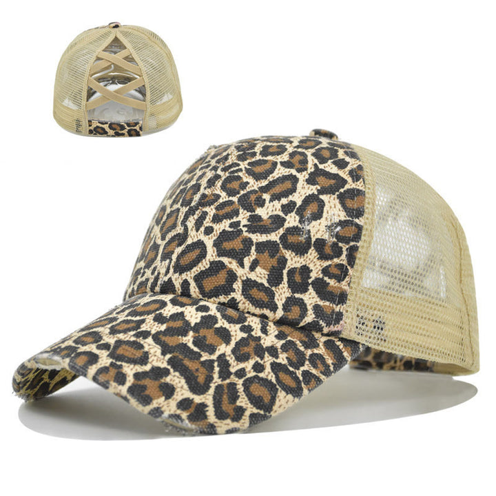 Criss Cross Distressed Mesh Washed Cotton Baseball Cap - Leopard Print - Adjustable (About 21 5/8"-22 7/8") - image 11