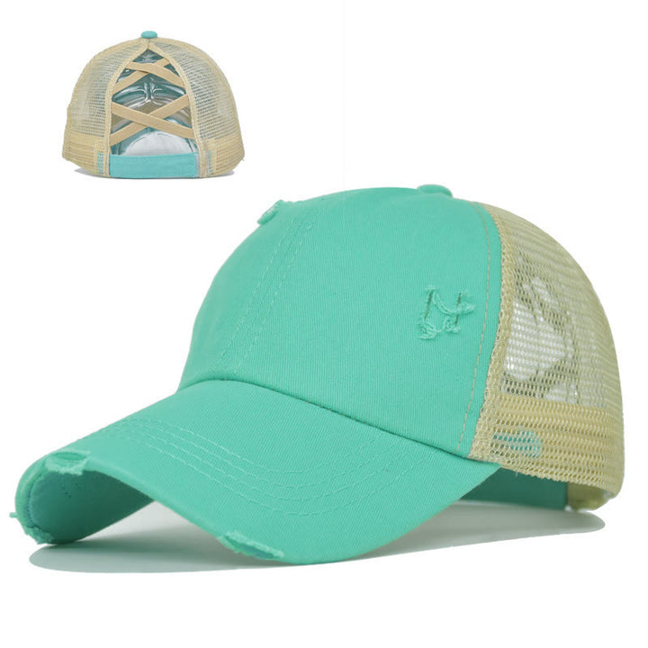 Criss Cross Distressed Mesh Washed Cotton Baseball Cap - Lake Green - Adjustable (About 21 5/8"-22 7/8") - image 7