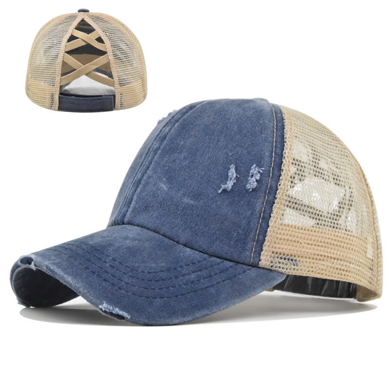 Criss Cross Distressed Mesh Washed Cotton Baseball Cap - Navy Blue & White - Adjustable (About 21 5/8"-22 7/8") - image 12